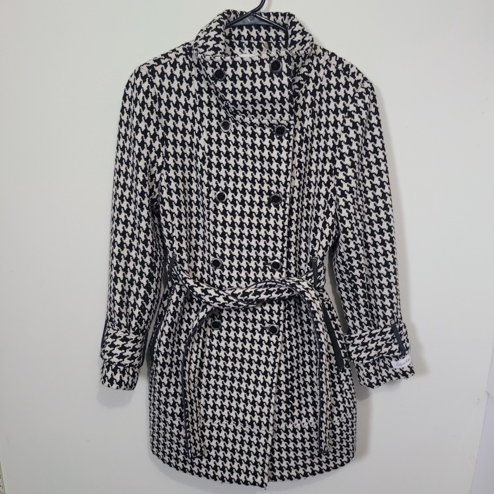 Calvin Klein Size L Pea Coat Womens Houndstooth Belted Wool Blend Jacket